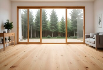 A minimalist room with a wooden floor and a soft, diffused light coming through a window, creating a serene and calming atmosphere