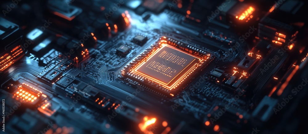 Poster close up of a microprocessor featuring a glowing ai interface set against an electronic computer bac