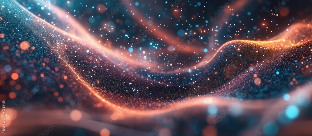 Poster abstract digital background featuring dynamic particles flow of information space visualization of b
