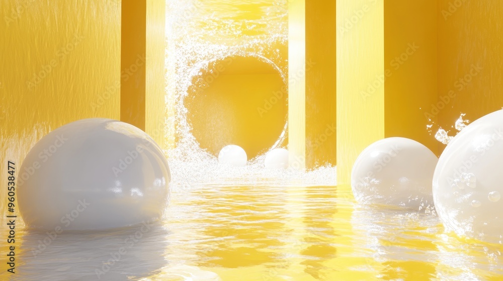 Poster dynamic interior featuring smooth white objects within a yellow water filled space 3d illustration a