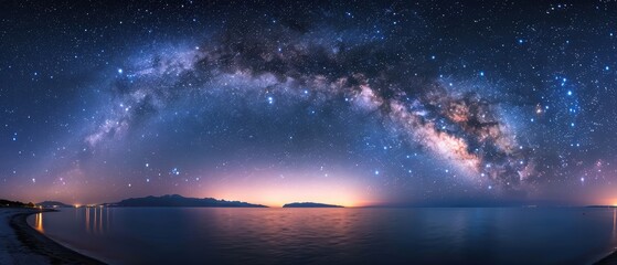 Serene Dawn: Majestic Milky Way Photo Over Tranquil Lake