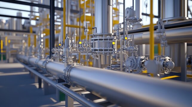 Compact chemical facility focused on producing emulsions for the mining sector featuring numerous clean and polished pipelines taps and valves