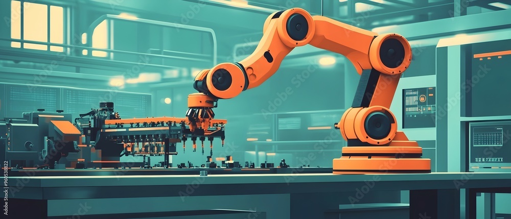 Poster closeup view of an ai powered robotic arm precisely assembling a complex piece of industrial machine