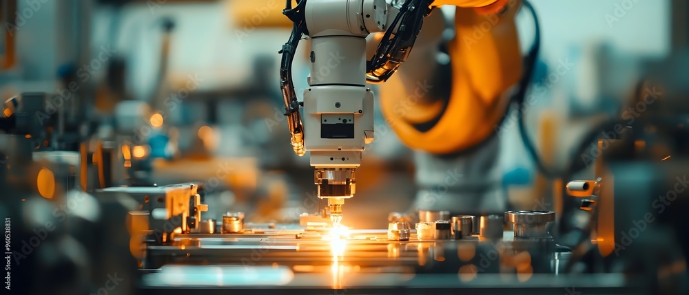 Poster robotic arm precisely assembling a complex piece of machinery symbolizing the future of highly autom
