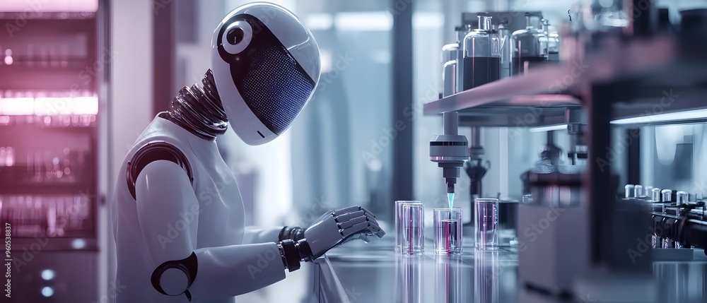 Poster ai powered robotic assistant collaborating with scientist in cutting edge high tech laboratory symbo