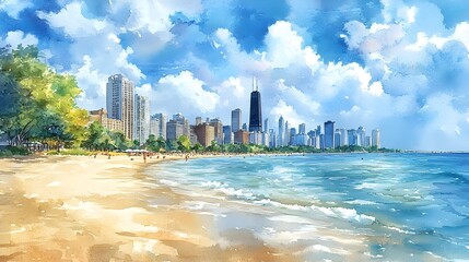 Naklejka premium Impressionistic Watercolor of Scenic Summer Beach and Skyline