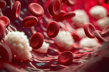 Fototapeta premium A detailed macro shot of red and white blood cells in a blood vessel, with strong contrast between the two types of cells
