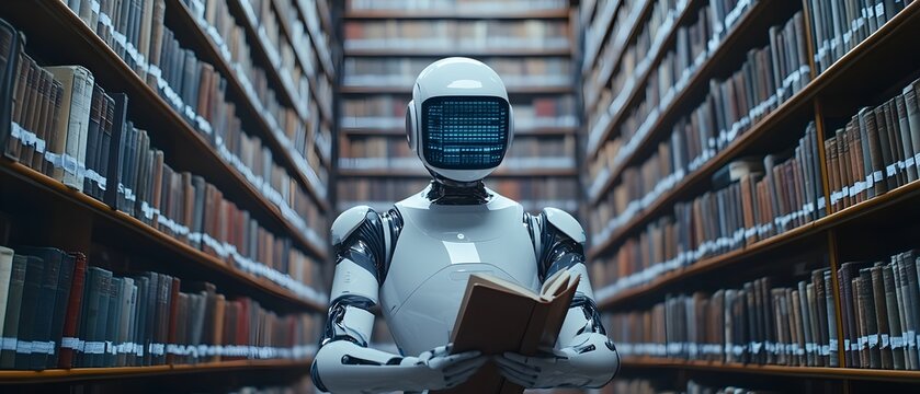An AI powered robot librarian efficiently organizing a vast digital library showcasing the power of intelligence in transforming knowledge management and information retrieval within a futuristic
