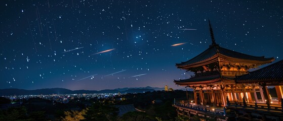 Obraz premium Celestial Spectacle: Meteor Shower Illuminating Ancient Temple in