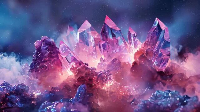 beautiful dreamy shiny amethist crystal montain in floating  fog, fantasy animated video background
