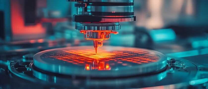 Captivating image showcasing the cutting edge technology and intricate processes within a semiconductor foundry  Witness the precision and innovation behind silicon wafer manufacturing