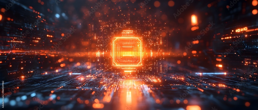 Poster glowing ai powered digital fortress protecting networked cybersecurity system symbolizing cutting ed
