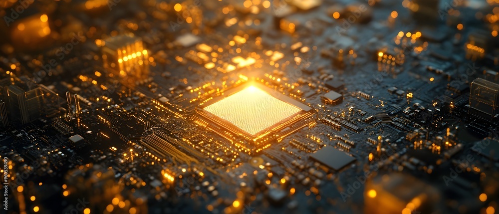 Poster intricate semiconductor patterns and microchip architecture concept with luminous glow and copy spac