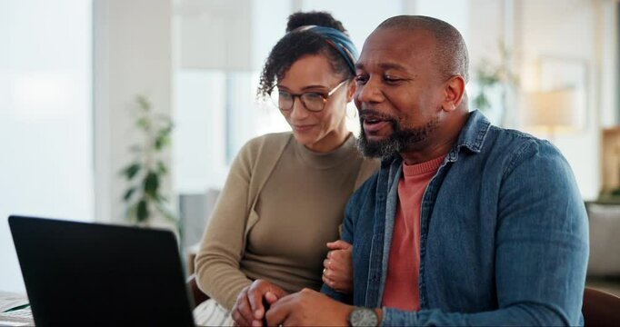 Couple, wave and laptop with video call in home for online communication, network and hello. Happy, man and woman greeting with conversation on tech platform for virtual chat, app and connectivity