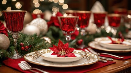 Modern Christmas Table Setting with Red and Gold Decorations for Holiday Festivities
