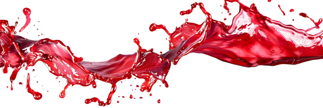 Vibrant and energetic splash of a red liquid similar to red berry jam, syrup, juice or punch, insolaten on withe background