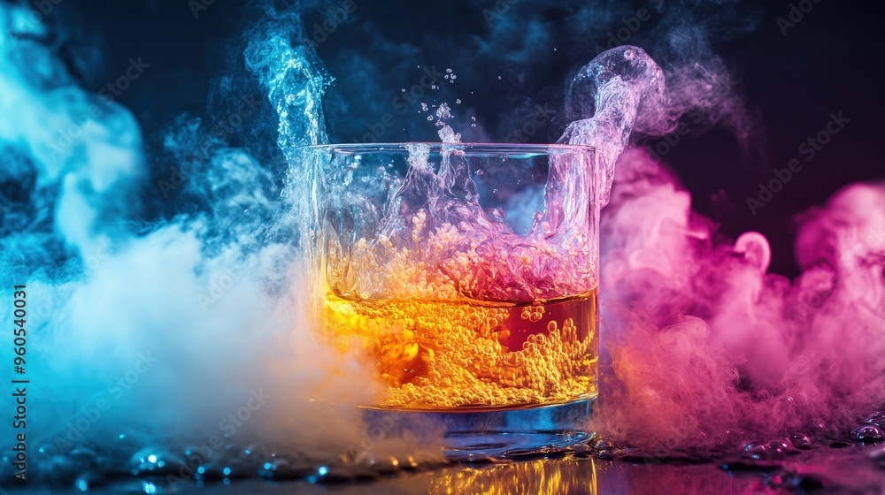 Poster a glass filled with a vibrant chemical solution generates colorful vapor as it reacts, creating an e