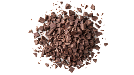 Pile chopped, milled dark chocolate isolated on white, top view