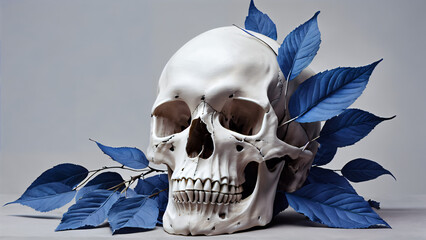Anatomy of Life and Death: A Minimalist Composition of a Human Skull Framed by Dark Blue Serrated Leaves Against a Neutral Gray Background, Blending the Mysterious Contrast of Nature and Mortality in 