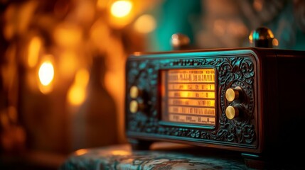 Antique radio with ornate wood carvings and brass knobs, softly glowing in a dimly lit room with...