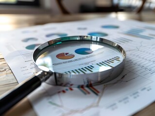 Magnifying Glass Hovering Over Detailed Financial Documents and Diagrams for Informed Decision Making