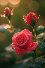 Red roses sprinkled with morning dew at early dawn, interesting romantic background