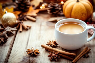 A cozy cup filled with fragrant spice tea sits on a wooden table adorned with autumn leaves, pinecones, and a pumpkins, evoking a warm seasonal atmosphere