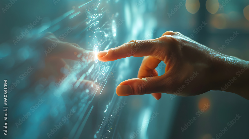 Poster person interacting with a futuristic touchscreen in a dimly lit environment. generative by ai