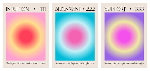 Modern abstract poster with Angel Numbers. Angel No 111 222 333 Intuition, Alignment, Support. Gradient aura, colorful and bright background, printable poster templates. Positive energy art