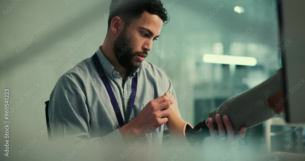 Poster Lab, development and man at computer with prosthetic leg, research and innovation in robotic science. Future technology, medical engineering and programmer with solution for artificial limb design