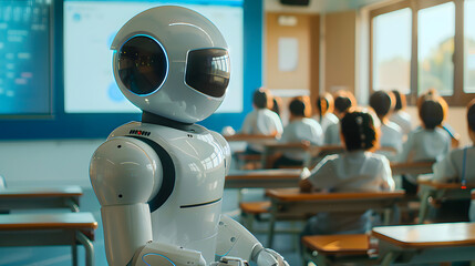 Innovative robotic teacher guiding students in vibrant classroom during lesson. Generative by AI