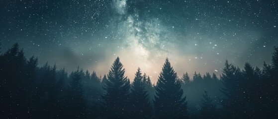 Naklejka premium Enchanting Astrophotography of Star-Filled Sky Above Forest Clearing