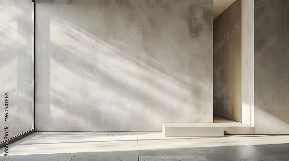 Poster sunlight streaming through a window in a modern room with a white platform. generative ai.