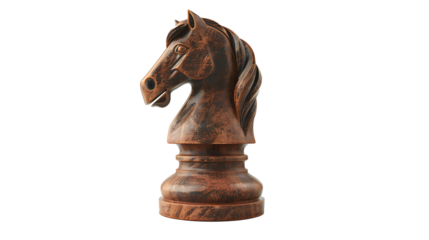 Detailed chess piece, the knight, with realistic wood texture, isolated on a white background