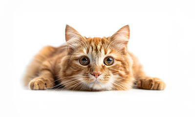 Obraz premium Playful ginger cat lies on a white surface, gazing curiously with bright eyes in a light-filled room. Generative by AI