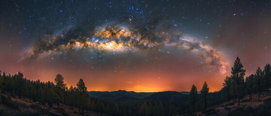 Fototapeta premium Starlit Tranquility: Stunning Milky Way in R Over Night Forest - Perfect for Astrophotography Enthusiasts