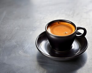 Espresso in a Modern Black Cup on a Sleek Metallic Table   Coffee Concept with Copy Space