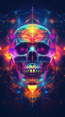 A colorful skull with a glowing eye and a mouth