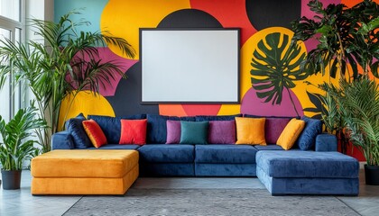 Modern Living Room with Blue Sectional Sofa, Colorful Wall, and Plants