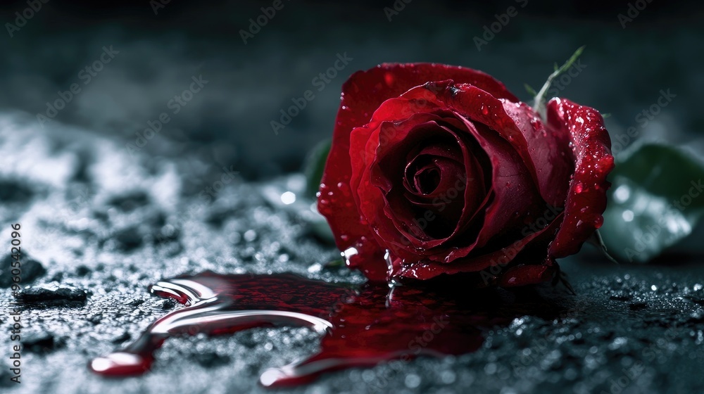 Poster Blood dripping from a rose onto the ground, with a black background and white smog, emphasizing