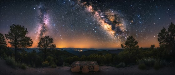 Fototapeta premium Cosmic Symphony: Milky Way Galaxy Soaring Above Remote Forest Canopy - Perfect for Astrophotography Enthusiasts