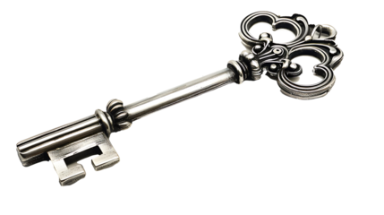 Simple silver key with a detailed bow and bit, isolated on a white background 