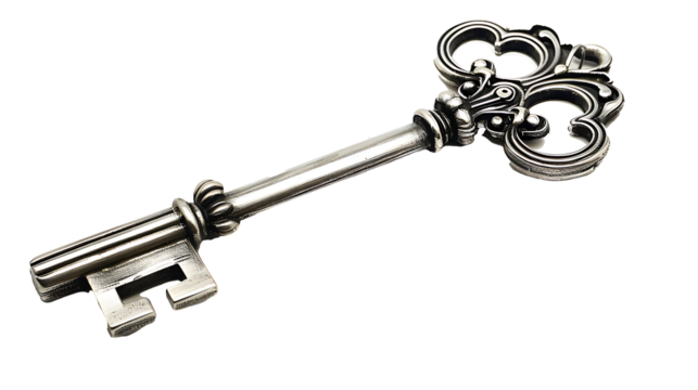 Simple silver key with a detailed bow and bit, isolated on a white background 