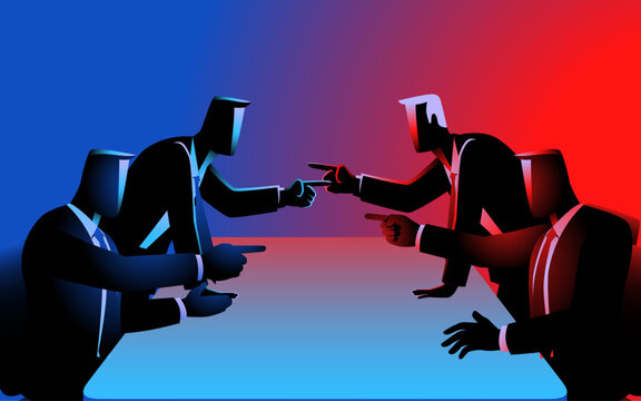 Businessmen pointing at each other in a heated debate during a meeting. Captures the intensity of business disagreements and negotiations