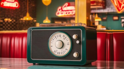 Old-fashioned bakelite radio with large circular dial, displayed in a classic diner with neon signs and red vinyl booths