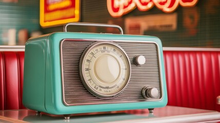 Old-fashioned bakelite radio with large circular dial, displayed in a classic diner with neon signs and red vinyl booths