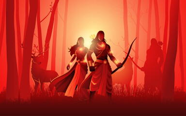 Hindu mythology series. Ancient Hindu tale of Rama, Sita, accompanied by Lakshmana during their exile in the forest. Perfect for contents related to mythology, Indian culture, and epic storytelling