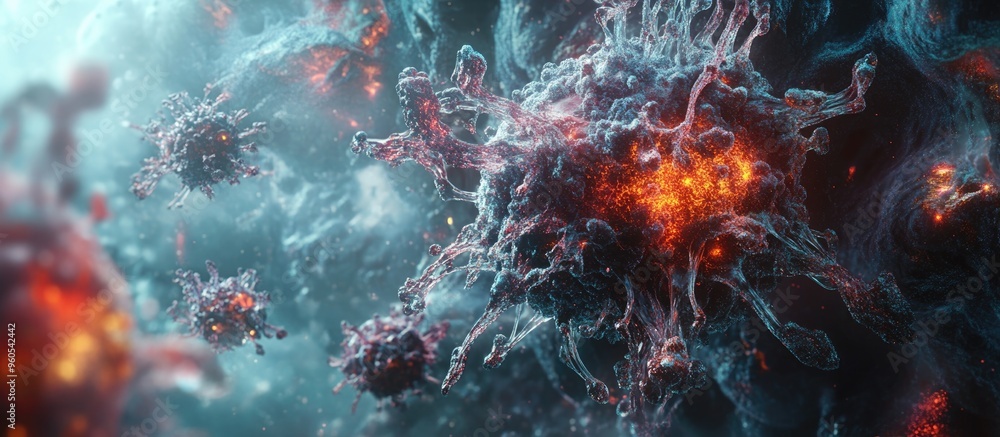 Poster cyborg cell virus with a biomechanical structure showcasing concepts of nanotechnology and alien des