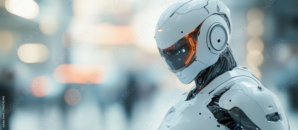 Poster 3d render of a robotic cyborg set against a blurred background showcasing advancements in technology