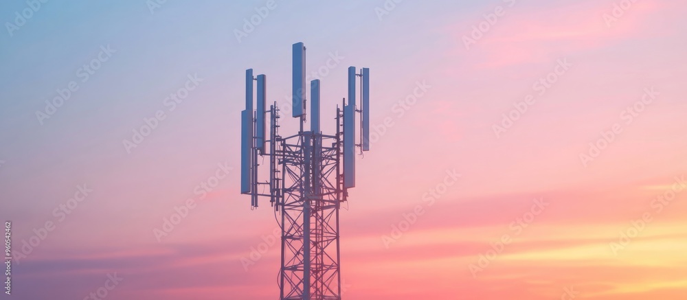 Poster 5g antenna against a clear evening sky representing mobile communication telecommunication tower for